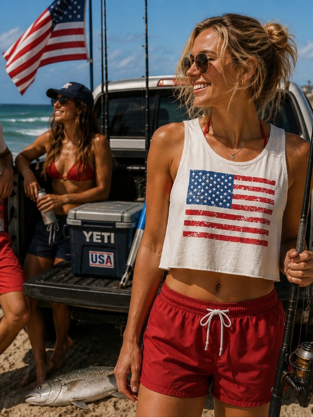 Cropped Tank Top - White with American Flag Large